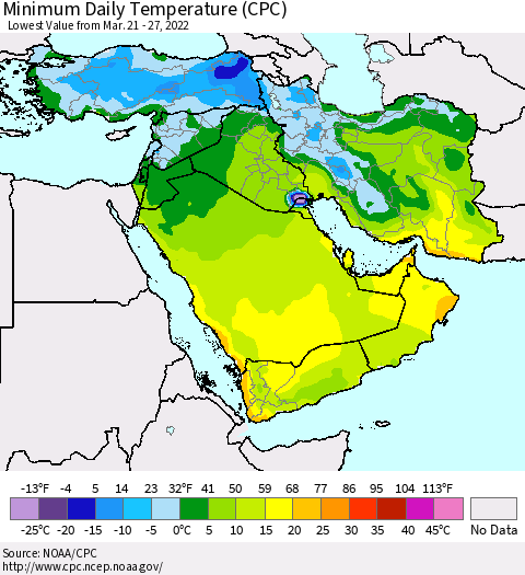 Middle East and Turkey Minimum Daily Temperature (CPC) Thematic Map For 3/21/2022 - 3/27/2022