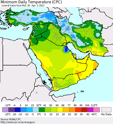 Middle East and Turkey Minimum Daily Temperature (CPC) Thematic Map For 3/28/2022 - 4/3/2022