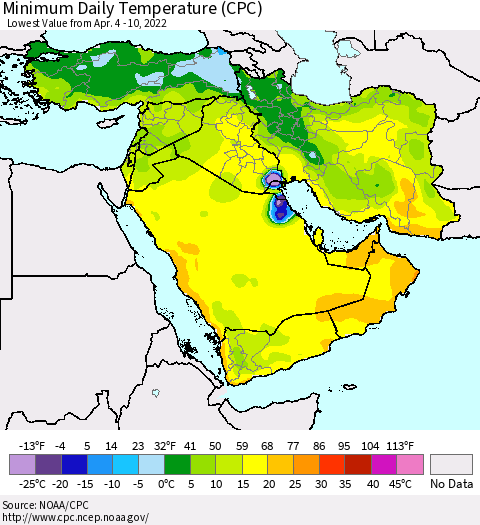 Middle East and Turkey Minimum Daily Temperature (CPC) Thematic Map For 4/4/2022 - 4/10/2022