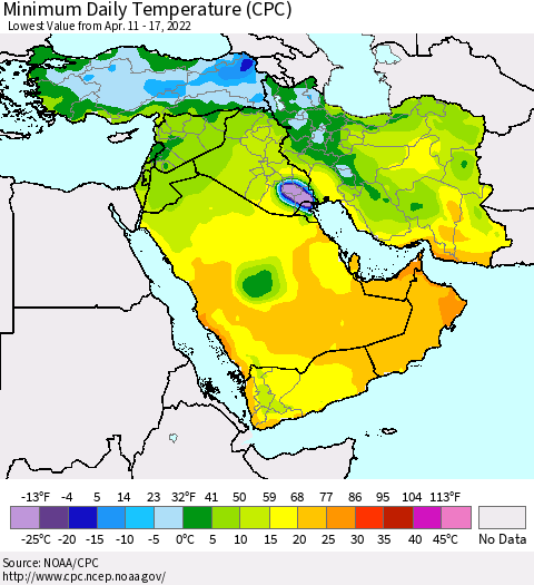 Middle East and Turkey Minimum Daily Temperature (CPC) Thematic Map For 4/11/2022 - 4/17/2022
