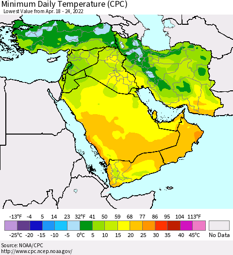 Middle East and Turkey Minimum Daily Temperature (CPC) Thematic Map For 4/18/2022 - 4/24/2022