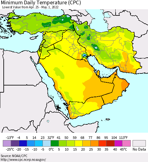 Middle East and Turkey Minimum Daily Temperature (CPC) Thematic Map For 4/25/2022 - 5/1/2022