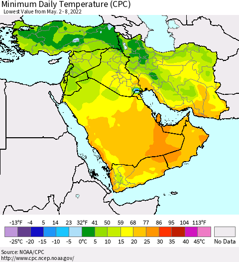 Middle East and Turkey Minimum Daily Temperature (CPC) Thematic Map For 5/2/2022 - 5/8/2022