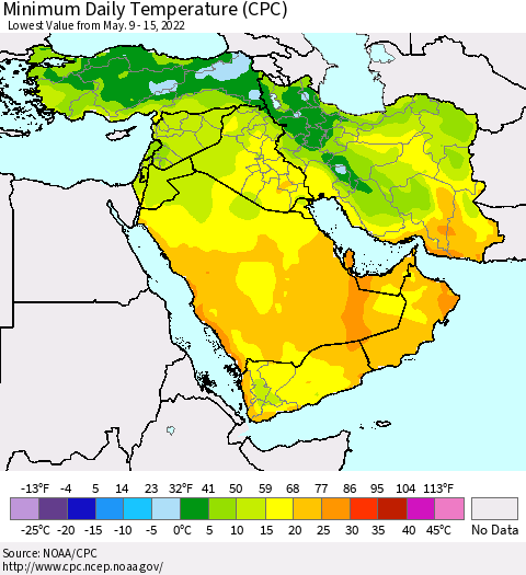 Middle East and Turkey Minimum Daily Temperature (CPC) Thematic Map For 5/9/2022 - 5/15/2022