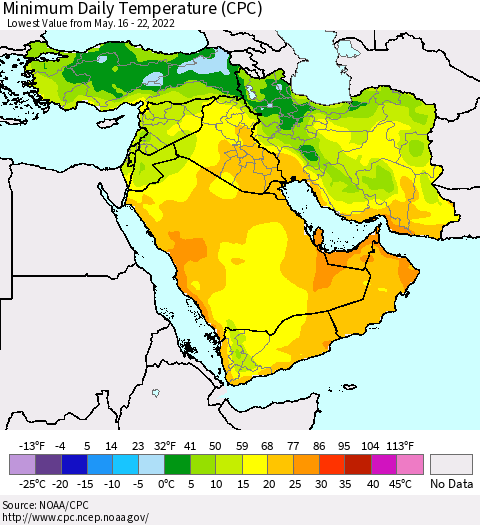 Middle East and Turkey Minimum Daily Temperature (CPC) Thematic Map For 5/16/2022 - 5/22/2022