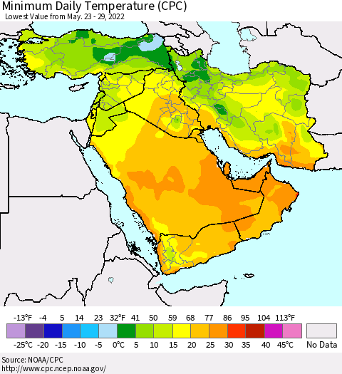 Middle East and Turkey Minimum Daily Temperature (CPC) Thematic Map For 5/23/2022 - 5/29/2022