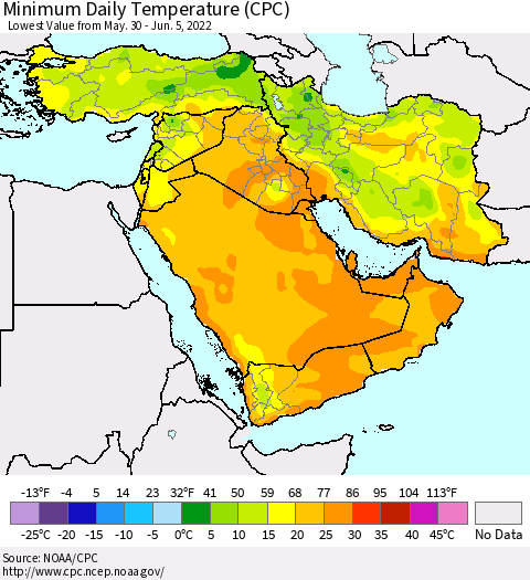 Middle East and Turkey Minimum Daily Temperature (CPC) Thematic Map For 5/30/2022 - 6/5/2022