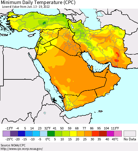 Middle East and Turkey Minimum Daily Temperature (CPC) Thematic Map For 6/13/2022 - 6/19/2022