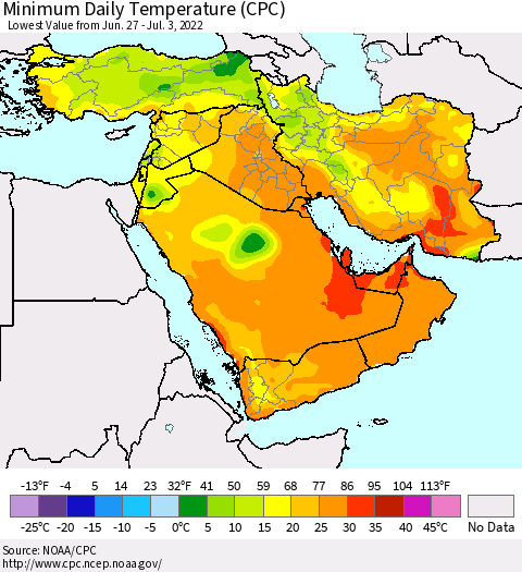 Middle East and Turkey Minimum Daily Temperature (CPC) Thematic Map For 6/27/2022 - 7/3/2022