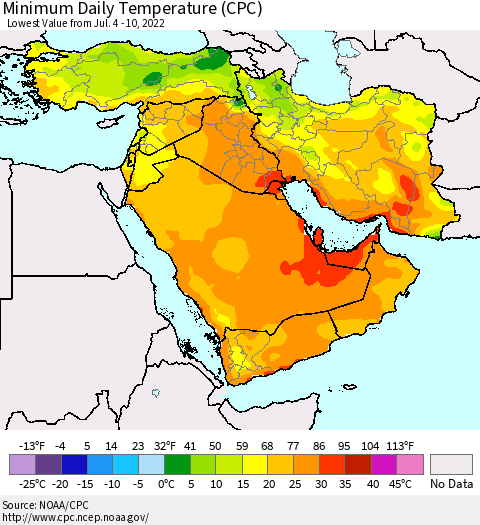 Middle East and Turkey Minimum Daily Temperature (CPC) Thematic Map For 7/4/2022 - 7/10/2022