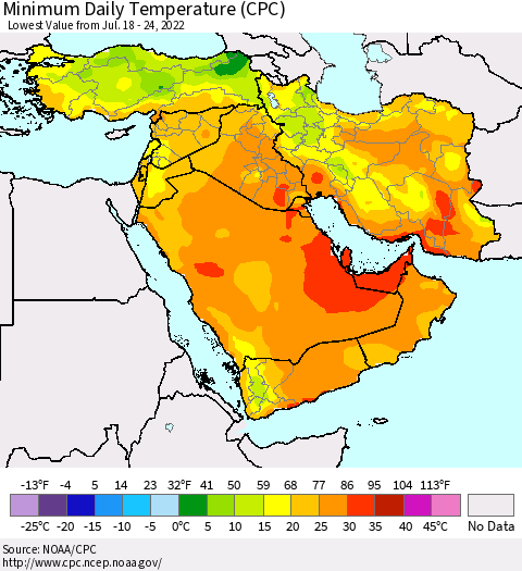 Middle East and Turkey Minimum Daily Temperature (CPC) Thematic Map For 7/18/2022 - 7/24/2022