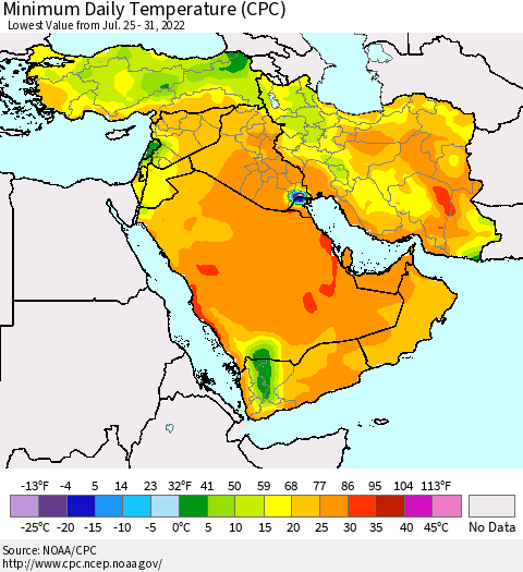 Middle East and Turkey Minimum Daily Temperature (CPC) Thematic Map For 7/25/2022 - 7/31/2022
