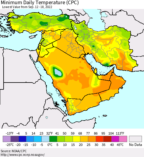 Middle East and Turkey Minimum Daily Temperature (CPC) Thematic Map For 9/12/2022 - 9/18/2022