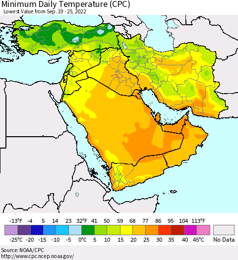 Middle East and Turkey Minimum Daily Temperature (CPC) Thematic Map For 9/19/2022 - 9/25/2022
