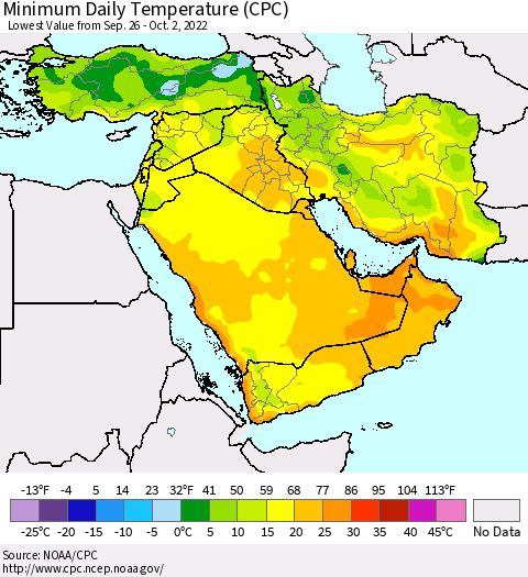 Middle East and Turkey Minimum Daily Temperature (CPC) Thematic Map For 9/26/2022 - 10/2/2022
