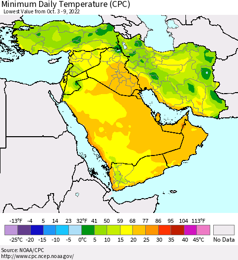 Middle East and Turkey Minimum Daily Temperature (CPC) Thematic Map For 10/3/2022 - 10/9/2022