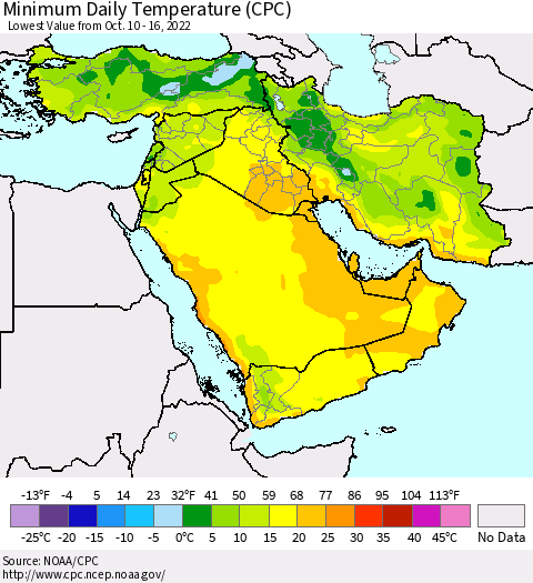 Middle East and Turkey Minimum Daily Temperature (CPC) Thematic Map For 10/10/2022 - 10/16/2022
