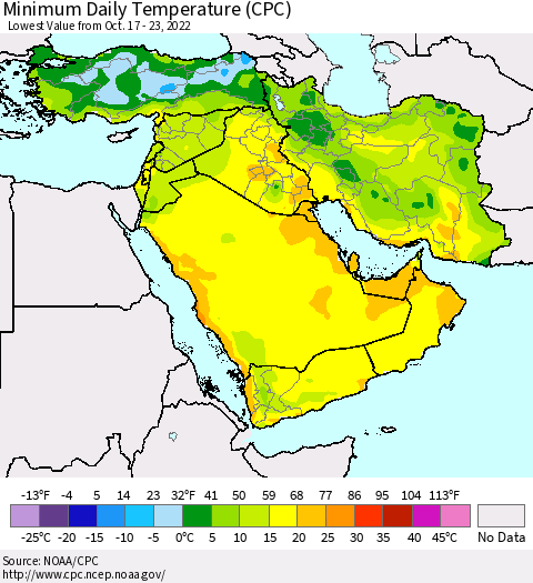 Middle East and Turkey Minimum Daily Temperature (CPC) Thematic Map For 10/17/2022 - 10/23/2022