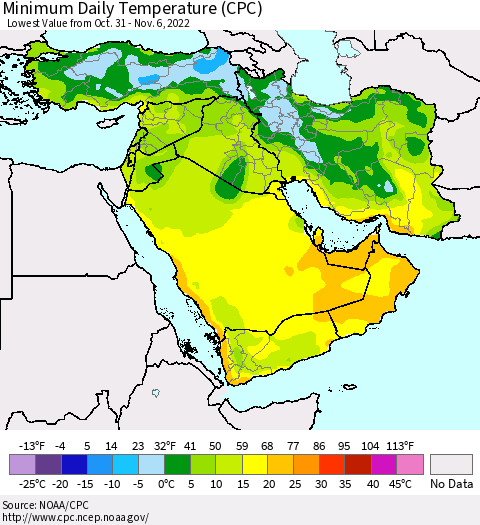 Middle East and Turkey Minimum Daily Temperature (CPC) Thematic Map For 10/31/2022 - 11/6/2022