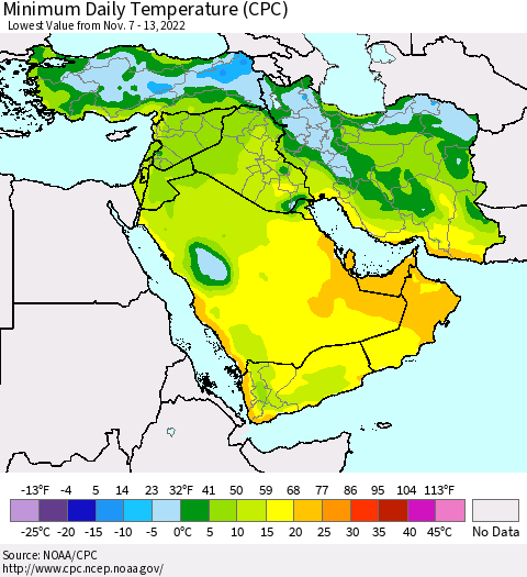 Middle East and Turkey Minimum Daily Temperature (CPC) Thematic Map For 11/7/2022 - 11/13/2022