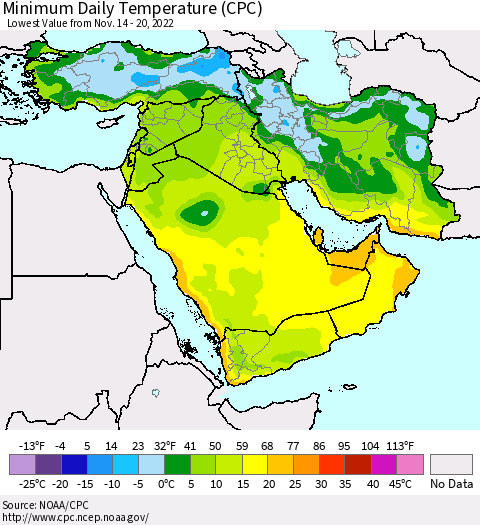 Middle East and Turkey Minimum Daily Temperature (CPC) Thematic Map For 11/14/2022 - 11/20/2022