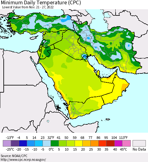 Middle East and Turkey Minimum Daily Temperature (CPC) Thematic Map For 11/21/2022 - 11/27/2022