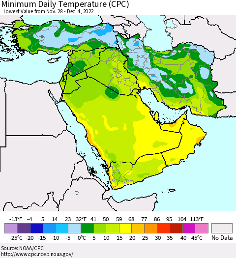 Middle East and Turkey Minimum Daily Temperature (CPC) Thematic Map For 11/28/2022 - 12/4/2022