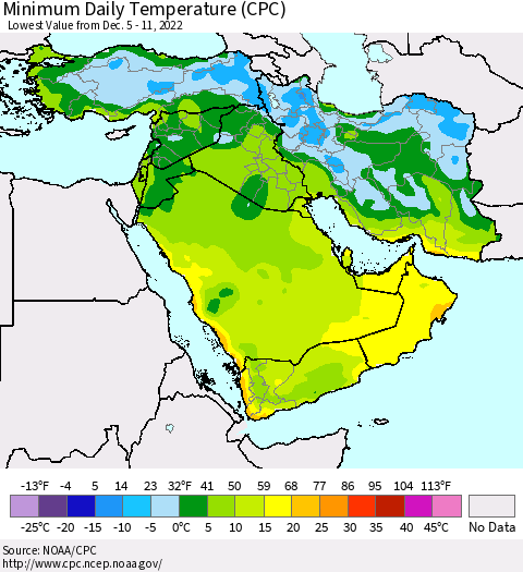 Middle East and Turkey Minimum Daily Temperature (CPC) Thematic Map For 12/5/2022 - 12/11/2022