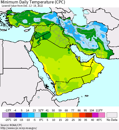 Middle East and Turkey Minimum Daily Temperature (CPC) Thematic Map For 12/12/2022 - 12/18/2022