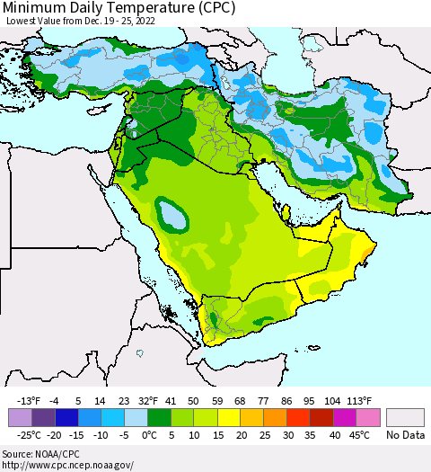 Middle East and Turkey Minimum Daily Temperature (CPC) Thematic Map For 12/19/2022 - 12/25/2022
