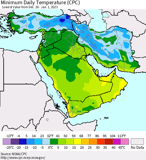 Middle East and Turkey Minimum Daily Temperature (CPC) Thematic Map For 12/26/2022 - 1/1/2023