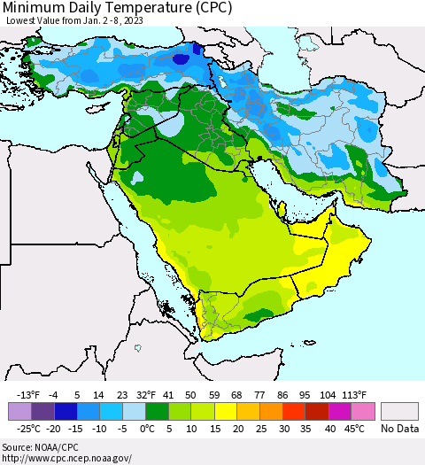 Middle East and Turkey Minimum Daily Temperature (CPC) Thematic Map For 1/2/2023 - 1/8/2023