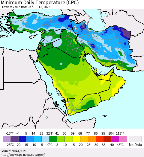 Middle East and Turkey Minimum Daily Temperature (CPC) Thematic Map For 1/9/2023 - 1/15/2023