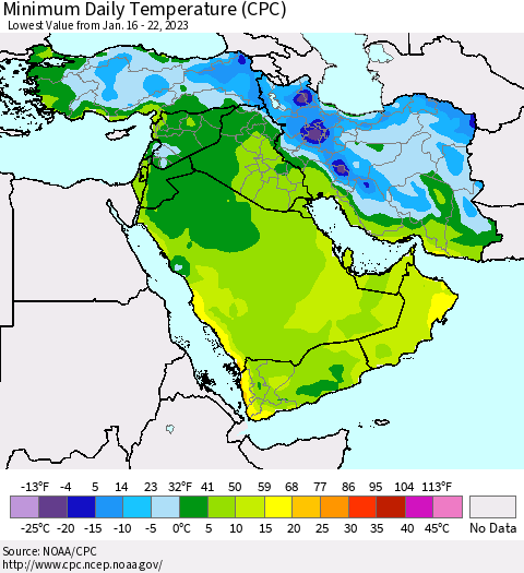 Middle East and Turkey Minimum Daily Temperature (CPC) Thematic Map For 1/16/2023 - 1/22/2023