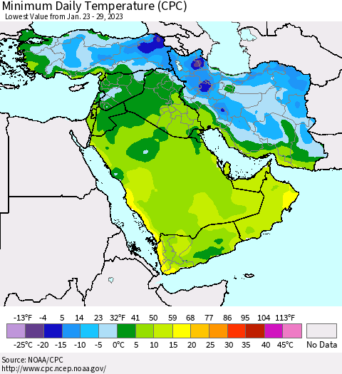 Middle East and Turkey Minimum Daily Temperature (CPC) Thematic Map For 1/23/2023 - 1/29/2023