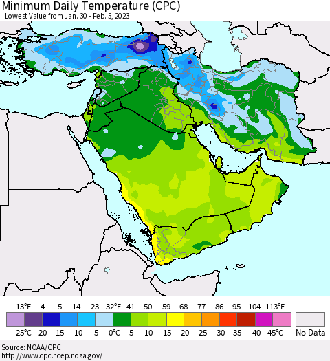 Middle East and Turkey Minimum Daily Temperature (CPC) Thematic Map For 1/30/2023 - 2/5/2023
