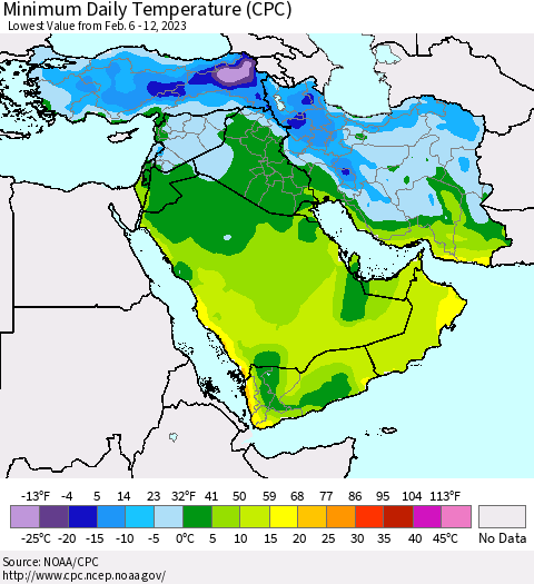 Middle East and Turkey Minimum Daily Temperature (CPC) Thematic Map For 2/6/2023 - 2/12/2023