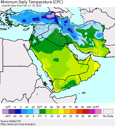 Middle East and Turkey Minimum Daily Temperature (CPC) Thematic Map For 2/13/2023 - 2/19/2023