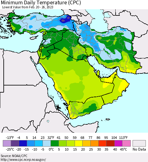 Middle East and Turkey Minimum Daily Temperature (CPC) Thematic Map For 2/20/2023 - 2/26/2023