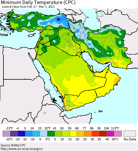 Middle East and Turkey Minimum Daily Temperature (CPC) Thematic Map For 2/27/2023 - 3/5/2023