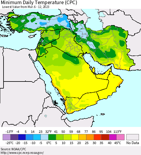Middle East and Turkey Minimum Daily Temperature (CPC) Thematic Map For 3/6/2023 - 3/12/2023