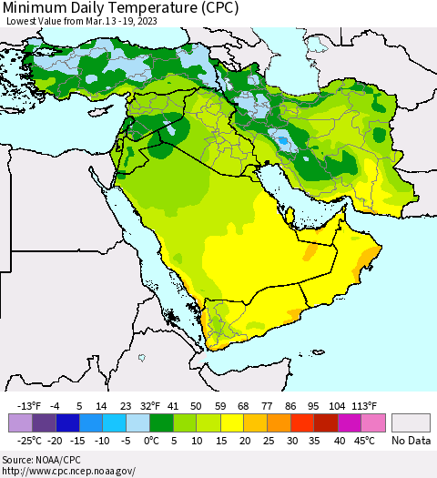 Middle East and Turkey Minimum Daily Temperature (CPC) Thematic Map For 3/13/2023 - 3/19/2023