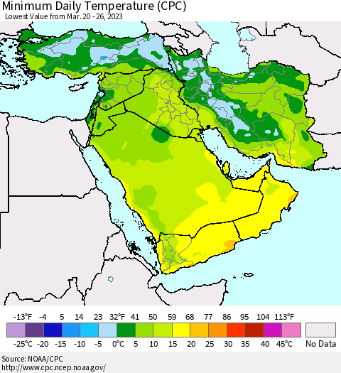 Middle East and Turkey Minimum Daily Temperature (CPC) Thematic Map For 3/20/2023 - 3/26/2023