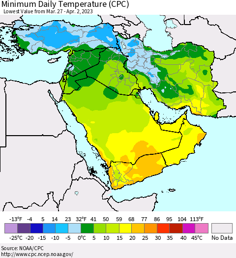 Middle East and Turkey Minimum Daily Temperature (CPC) Thematic Map For 3/27/2023 - 4/2/2023