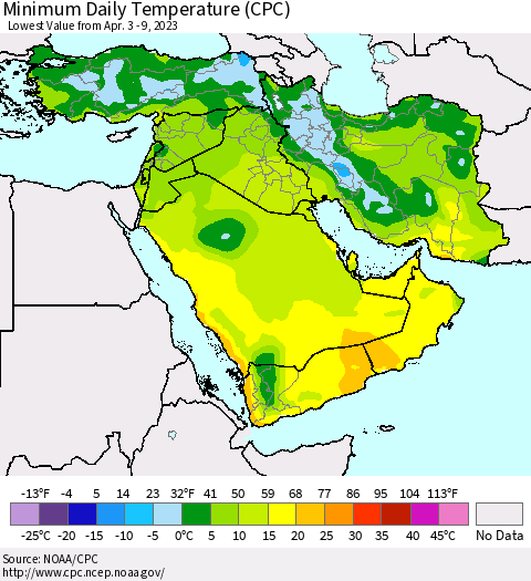 Middle East and Turkey Minimum Daily Temperature (CPC) Thematic Map For 4/3/2023 - 4/9/2023