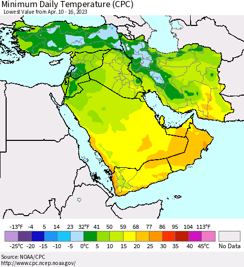 Middle East and Turkey Minimum Daily Temperature (CPC) Thematic Map For 4/10/2023 - 4/16/2023