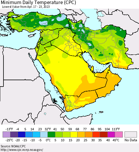 Middle East and Turkey Minimum Daily Temperature (CPC) Thematic Map For 4/17/2023 - 4/23/2023