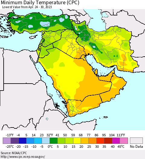 Middle East and Turkey Minimum Daily Temperature (CPC) Thematic Map For 4/24/2023 - 4/30/2023