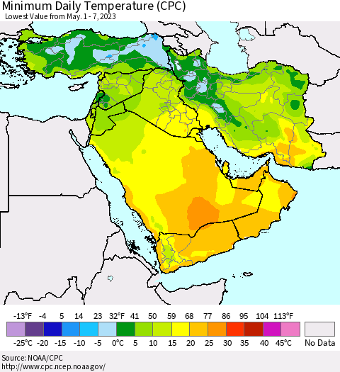 Middle East and Turkey Minimum Daily Temperature (CPC) Thematic Map For 5/1/2023 - 5/7/2023