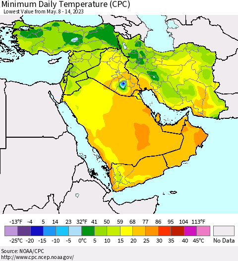 Middle East and Turkey Minimum Daily Temperature (CPC) Thematic Map For 5/8/2023 - 5/14/2023